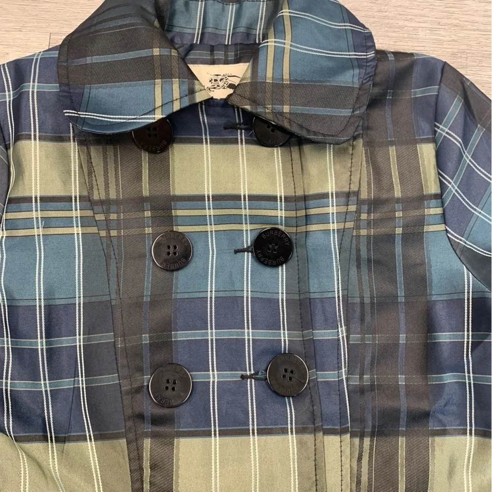 Burberry Blue and Green Plaid Double-Breasted Peacoat Sz large girls